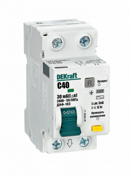 Dekraft Дифференциальный автомат (АВДТ) 1Р+N 40А 30мА тип AC х-ка C ДИФ-103 4.5кА