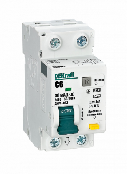 Dekraft Дифференциальный автомат (АВДТ) 1Р+N 6А 30мА тип AC х-ка C ДИФ-103 4.5кА